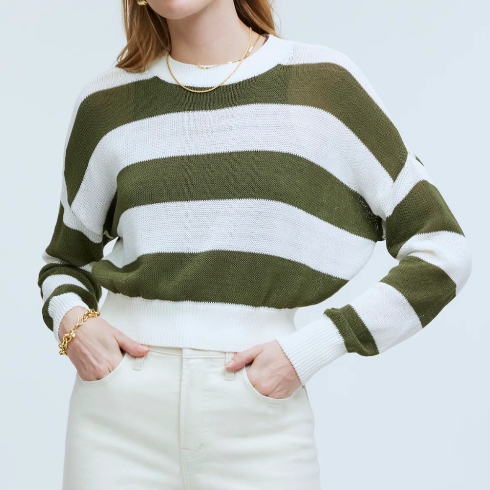 Madewell women Loose- Knit crewneck sweater Striped Green Ivory cotton blend‎ XS